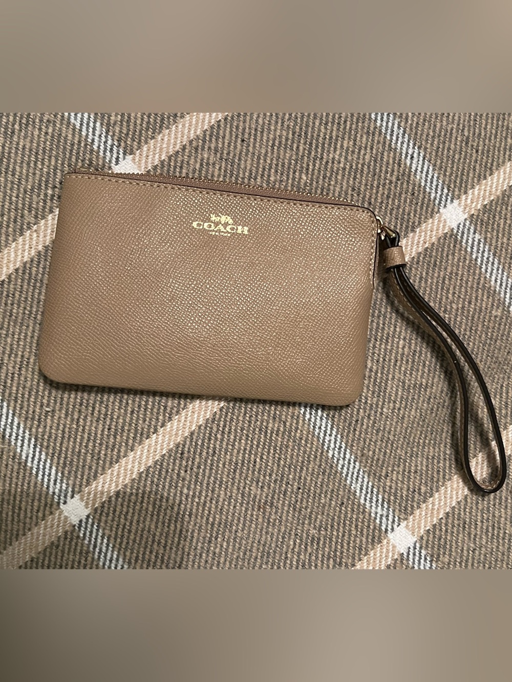 COACH Pebbled Leather Mini Wristlet in Taupe with Gold Logo